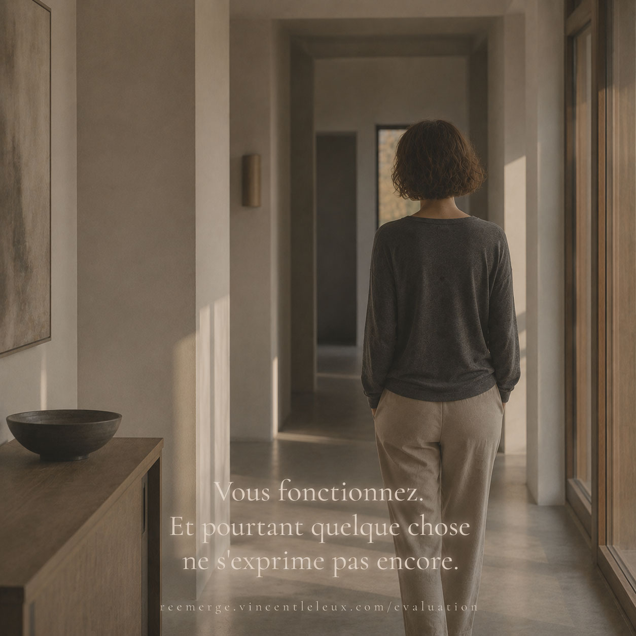 Femme de dos dans un couloir lumineux, Re-Emerge