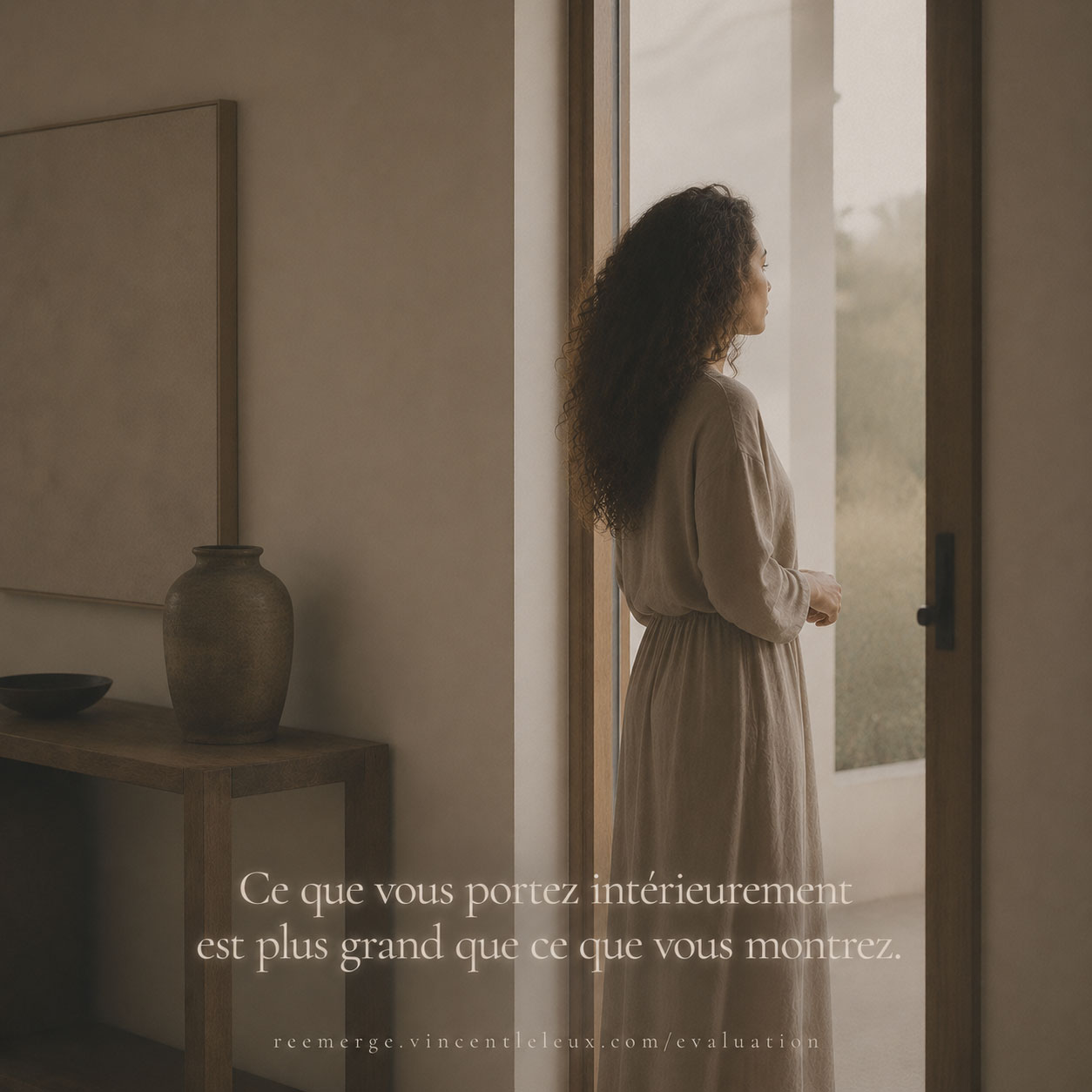 Femme métisse aux cheveux bouclés à l'entrée d'une porte, Re-Emerge