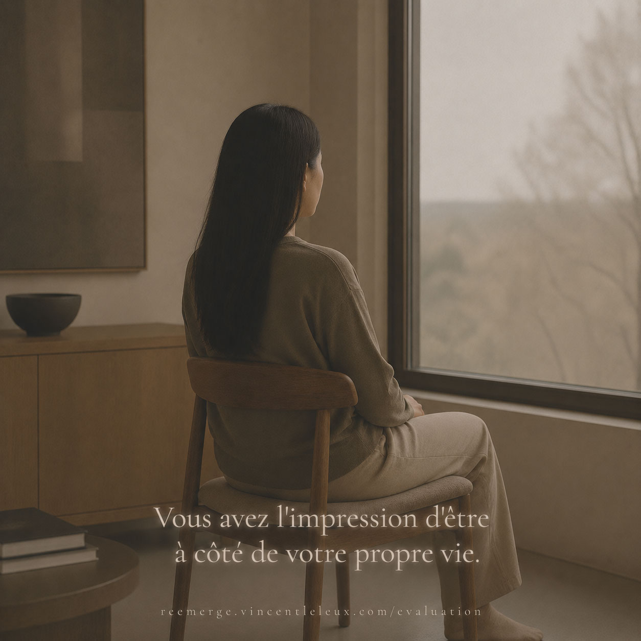 Femme aux cheveux gris dans un couloir, Re-Emerge