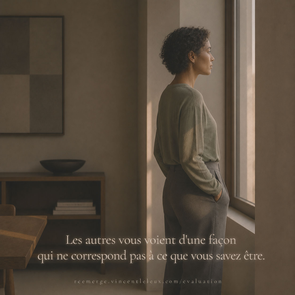 Femme métisse de profil près d'une fenêtre, Re-Emerge